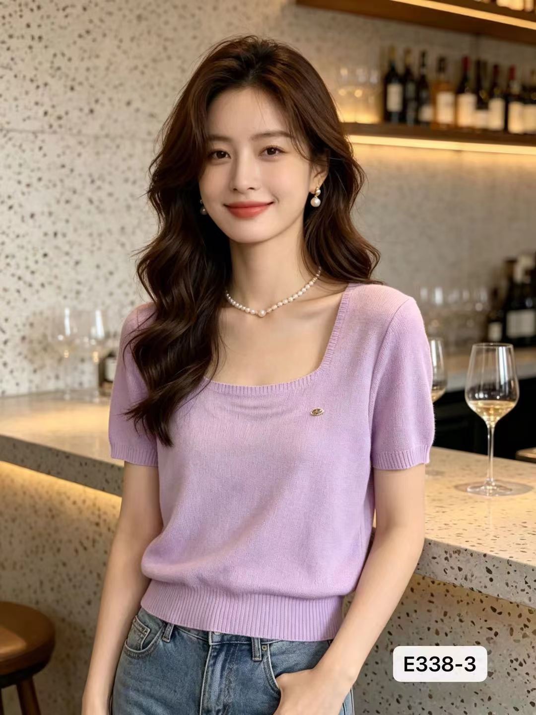 프랑스식 광장 칼라 하이라이트 쇄골 작은 표준 단색 다용도 풀오버 반팔