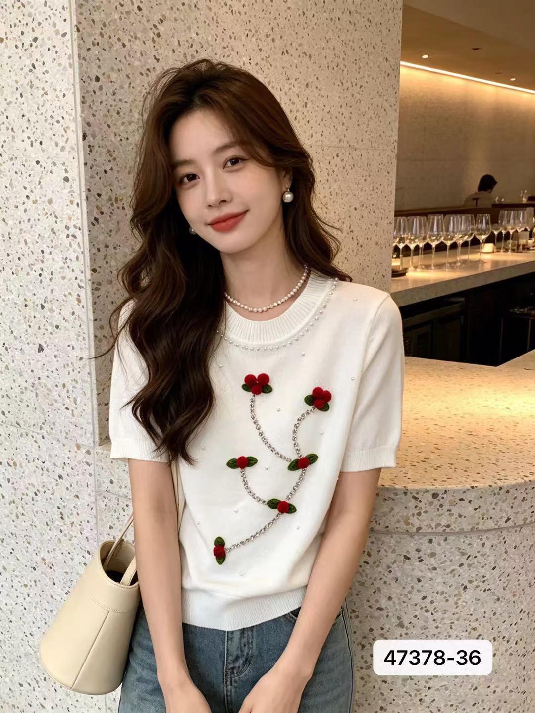 패션 라운드 넥 비즈 박기 3 차원 체리 니트 풀오버 반팔