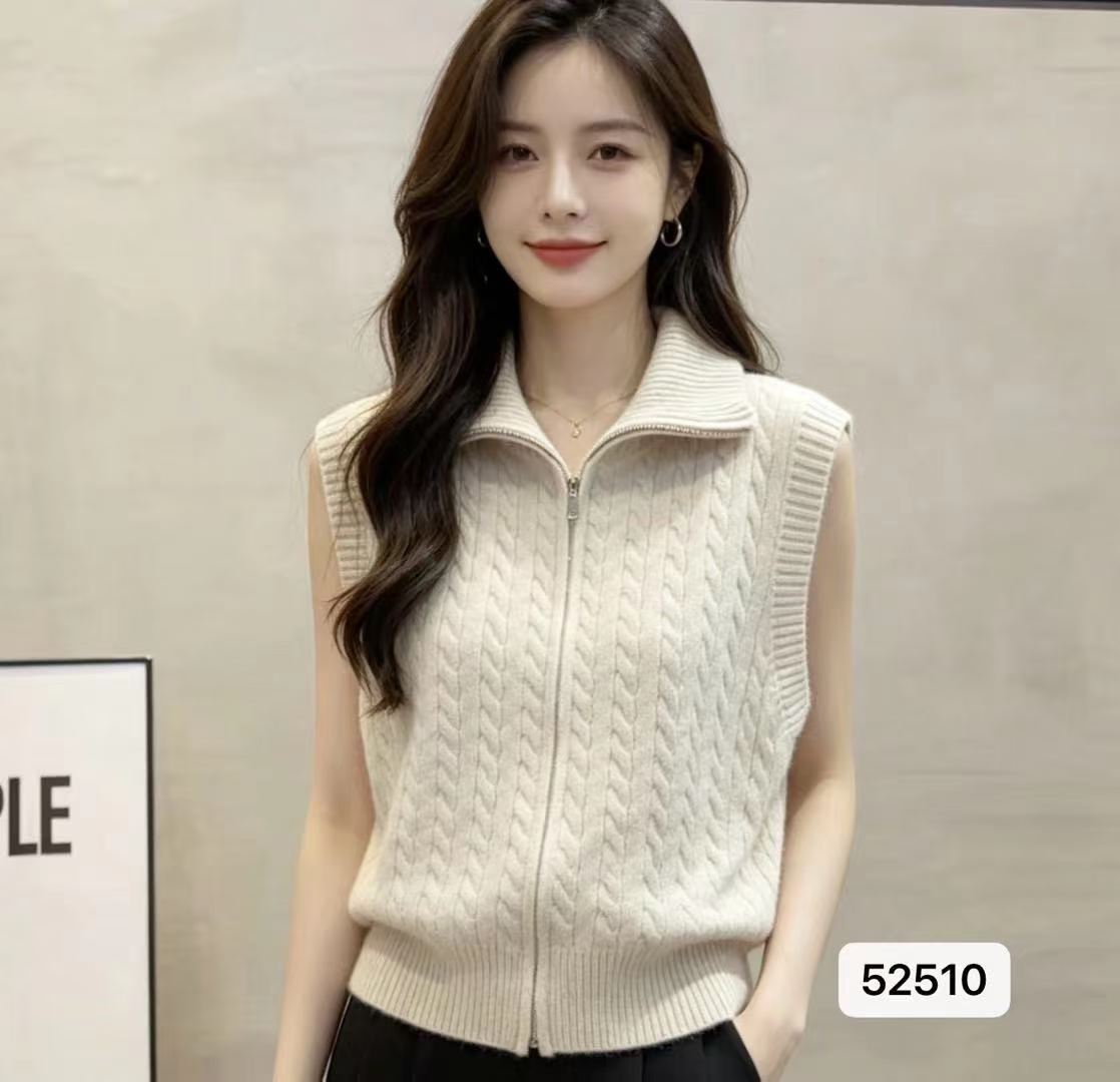 고급 센스 스탠드 칼라 꽈배기 니트 더블 머리 지퍼 루즈핏 조끼 오픈 가디건