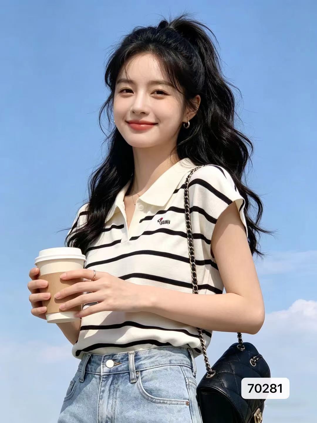 고유 한 아름다운 POLO 칼라 자수 작은 날다 소매 니트 풀오버 반팔