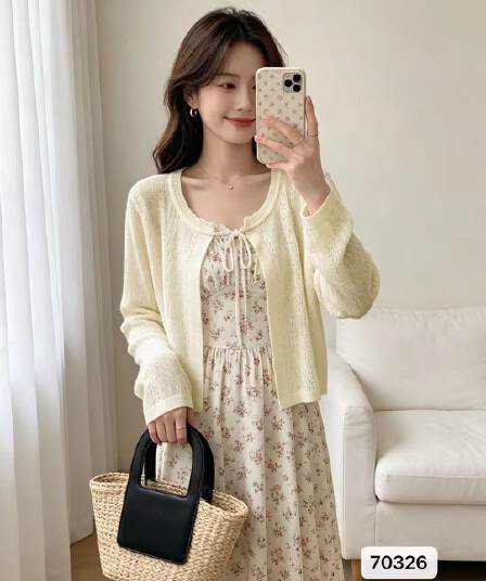 부드러운 달콤한 스타일 라운드 넥 홀로우 아웃 니트 물결무늬 측면 레이스업 긴팔 오픈 가디건