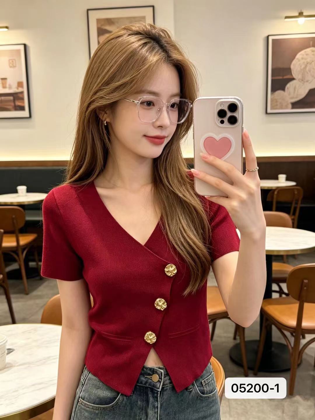 작은 샤넬 스타일 V넥 금속 버클 장식 트임 니트 반팔 오픈 가디건