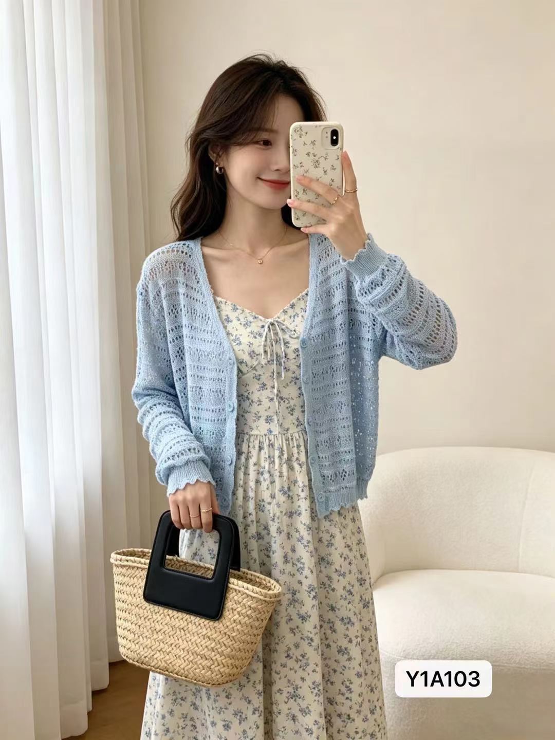 패션 V넥 홀로우 아웃 니트 물결무늬 측면 길이 소매 오픈 가디건 자외선 차단 의류