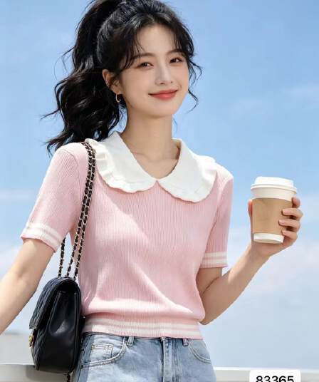 달콤함 연령 감소 베이비 칼라 패치워크 색상 니트 풀오버 반팔