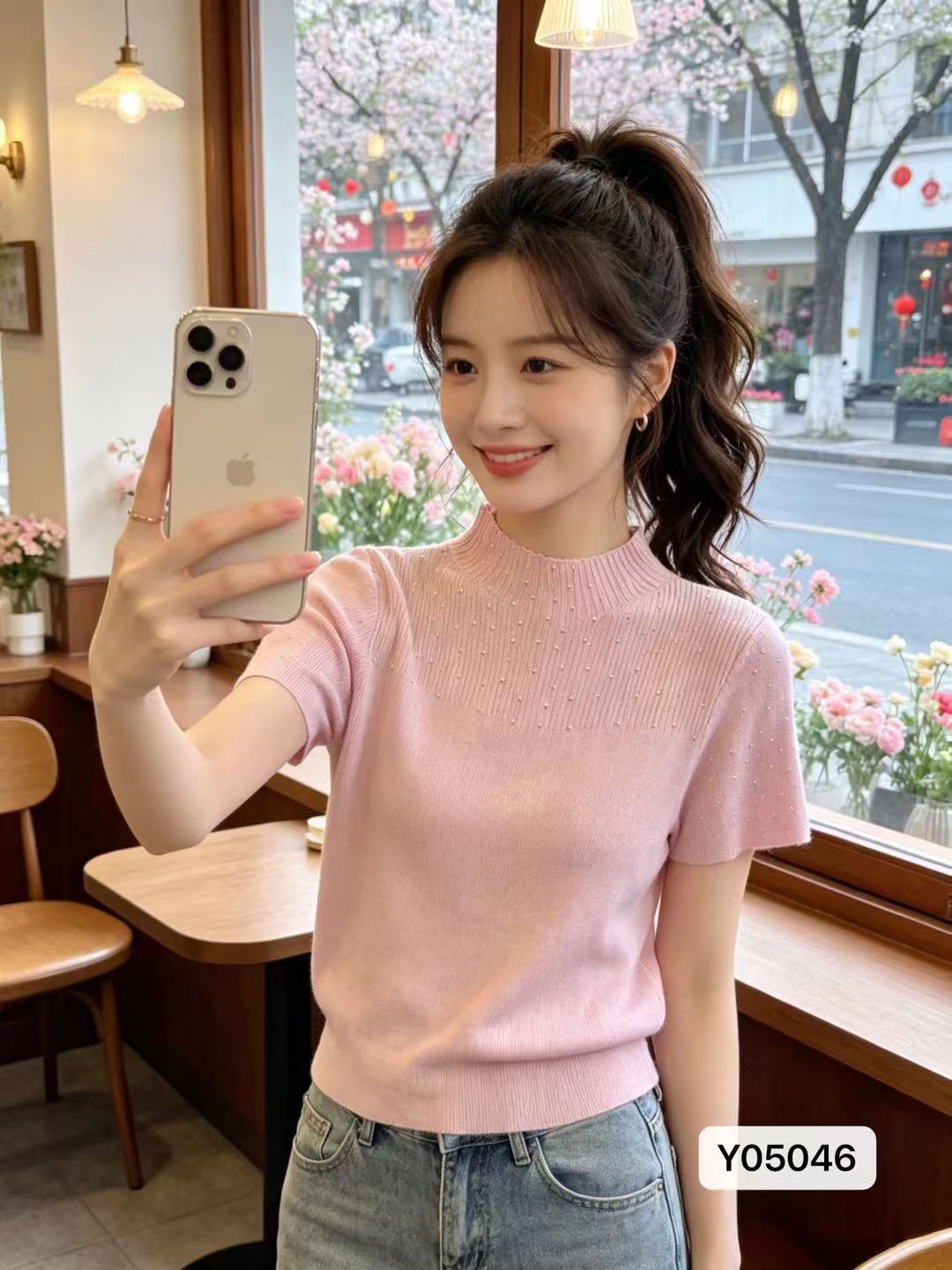 정가 패션 반하이넥 전후 핫픽스 디자인 니트 풀오버 반팔