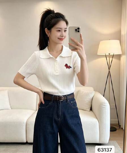 정가 프랑스식 폴로 칼라 하프 열린 가슴 만화 자수 구덩이 기사 슬림해 보이는 풀오버 반팔