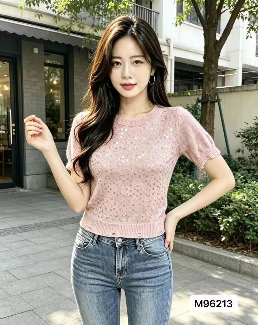 정가 외국 가스 연령 감소 라운드 넥 무거운 작업 스팽글 니트 풀오버 반팔