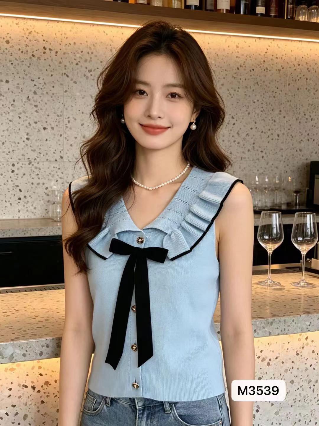 정가 프랑스식 배색 프릴 칼라 3 차원 나비 매듭 조끼 오픈 가디건