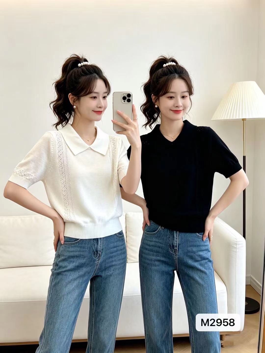 정가 품격 출퇴근 POLO 칼라 니트 홀로우 아웃 패치워크 풀오버 반팔