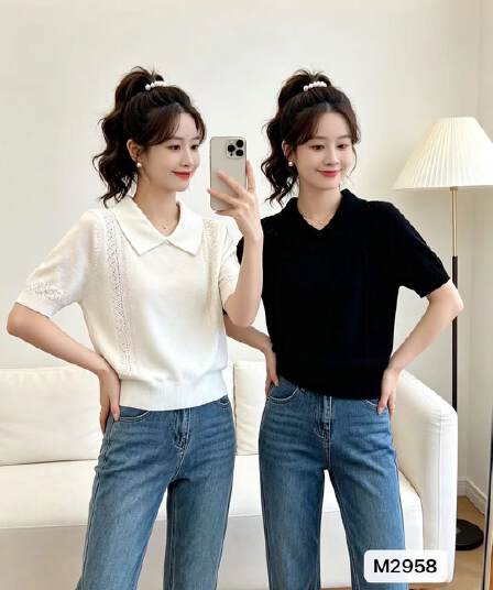정가 품격 출퇴근 POLO 칼라 니트 홀로우 아웃 패치워크 풀오버 반팔