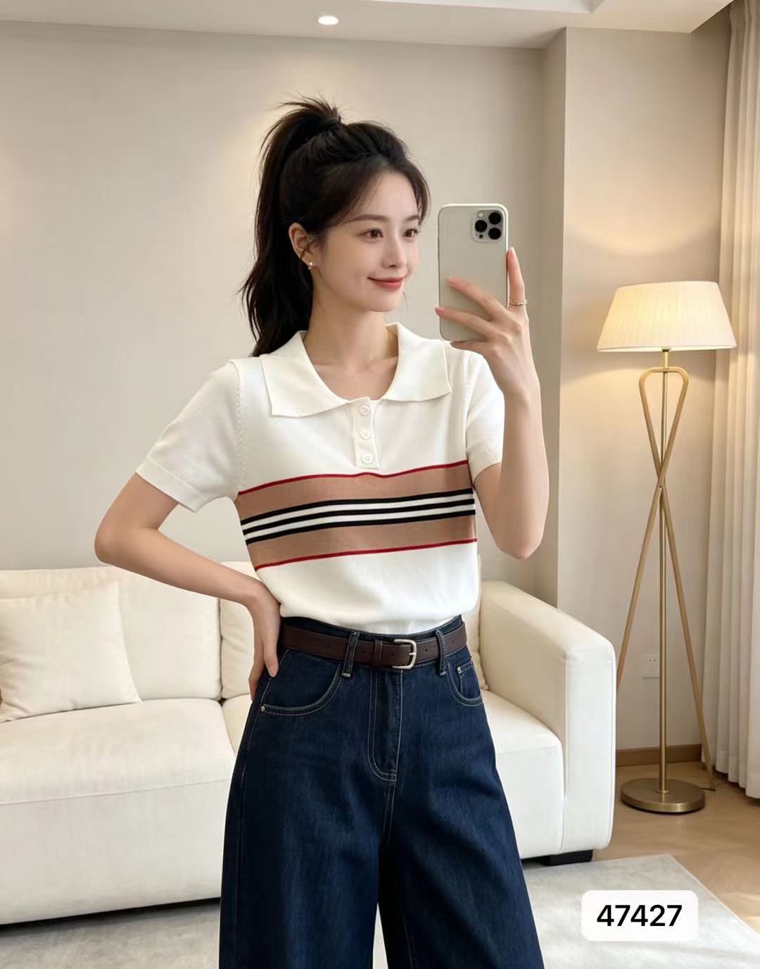 정가 패션 폴로 칼라 하프 열린 가슴 패치워크 색상 니트 다용도 반팔