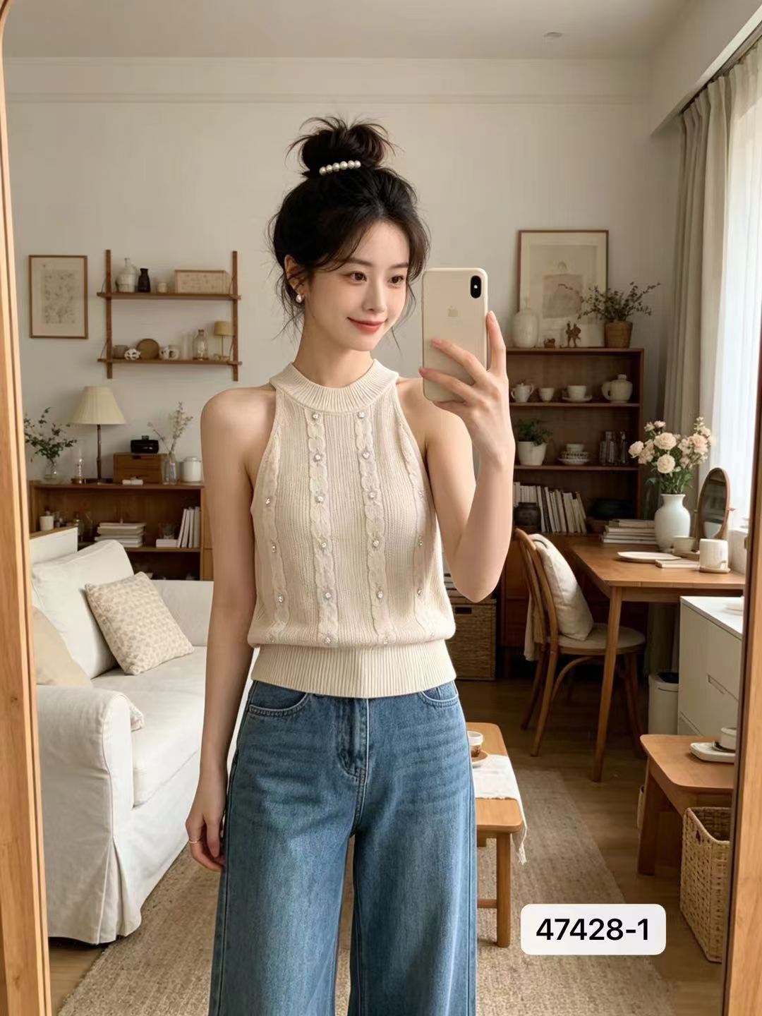정가 익스트림 제인 세련된 행침 목 꽈배기 질감 니트 비즈 박기 풀오버 조끼