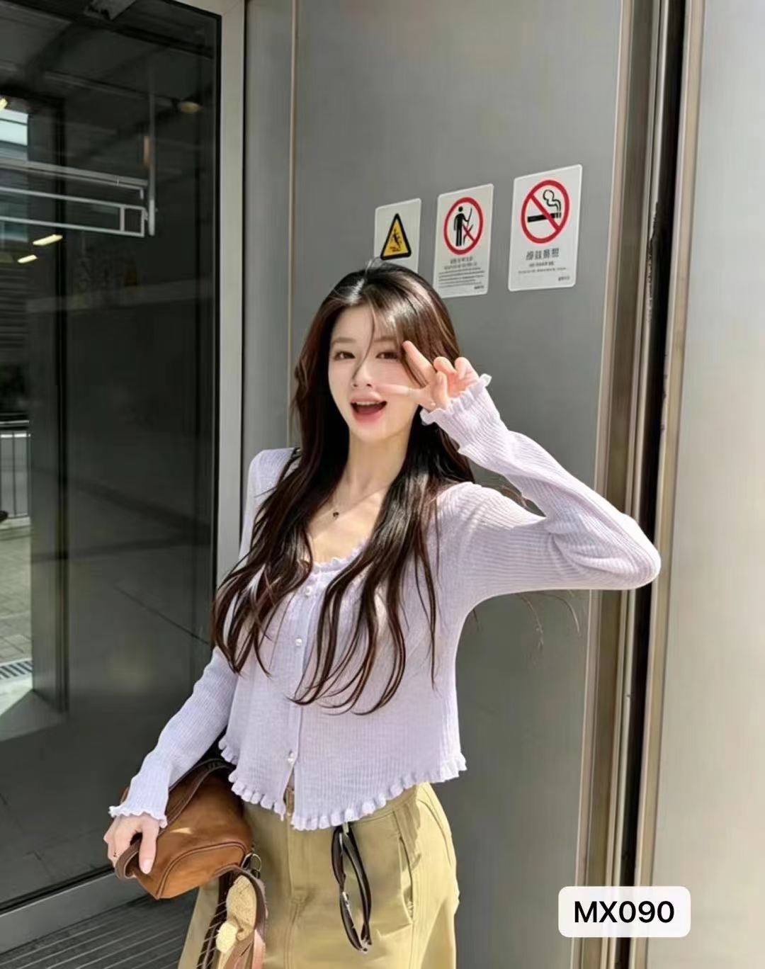 정가 패션 라운드 넥 프릴 곡선 밑단 니트 긴 소매 자외선 차단 의류