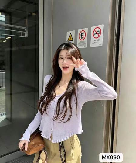 정가 패션 라운드 넥 프릴 곡선 밑단 니트 긴 소매 자외선 차단 의류
