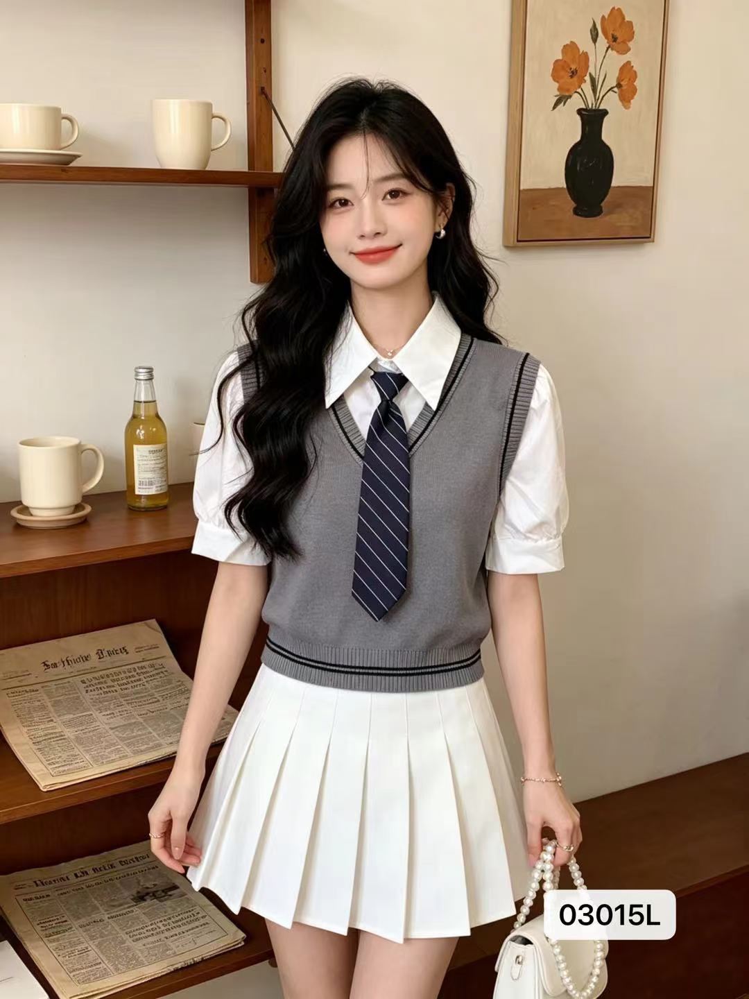 정가 학원 스타일 셔츠 넥타이 나비 넥타이 패치워크 니트 페이크 레이어드 반팔