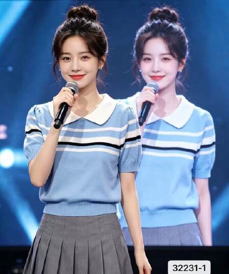 정가 학원 스타일 폴로 칼라 배색 스트라이프 니트 다용도 풀오버 반팔
