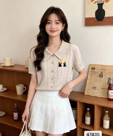 정가 일본식 학원 스타일 폴로 칼라 반팔 자수 니트 반팔 오픈 가디건