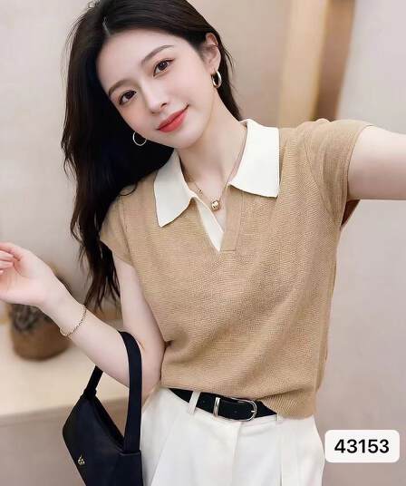 정가 패션 POLO 칼라 패치워크 색상 가로 줄무늬 질감 니트 풀오버 반팔