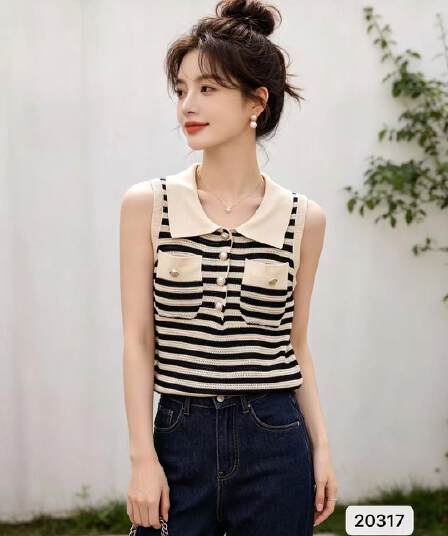 정가 작은 샤넬 스타일 폴로 칼라 하프 열린 가슴 주머니 디자인 풀오버 조끼