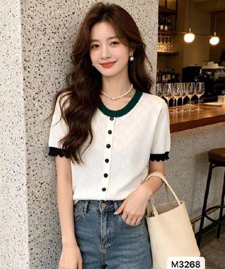 정가 작은 샤넬 스타일 라운드 넥 링 그리드 홀로우 아웃 니트 패치워크 색상 물결무늬 측면 풀오버 반팔