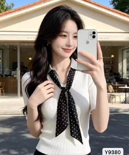 정가 학원 스타일 POLO 칼라 도트 무늬 리본 니트 풀오버 반팔