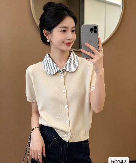 정가 학원 스타일 수직 기사 셔츠 칼라 패치워크 페이크 레이어드 반팔 오픈 가디건