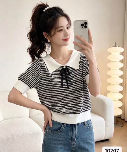 정가 작은 샤넬 스타일 폴로 칼라 나비 매듭 배색 자카드 니트 풀오버 반팔