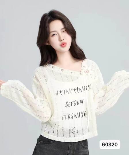 정가 작은 키 비즈 살구 순수한 욕망 스트랩 프린트 긴팔 자외선 차단 얇은 블라우스