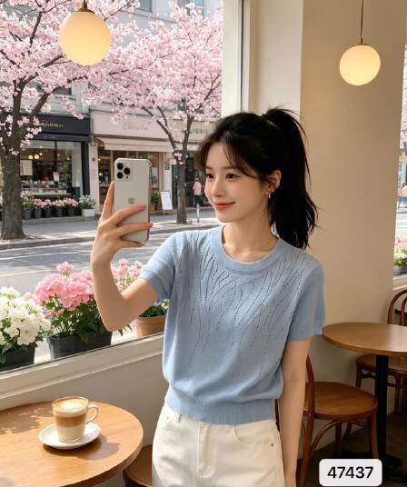 정가 라운드 넥 홀로우 아웃 핫픽스 디자인 다용도 단색 품격 반팔