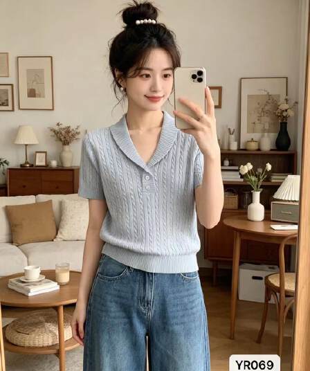 정가 학원 스타일 폴로 칼라 단추 하프 열린 가슴 꽈배기 니트 풀오버 반팔