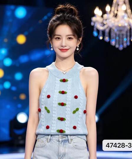 정가 세련된 3 차원 체리 행침 목 니트 슬림해 보이는 풀오버 조끼
