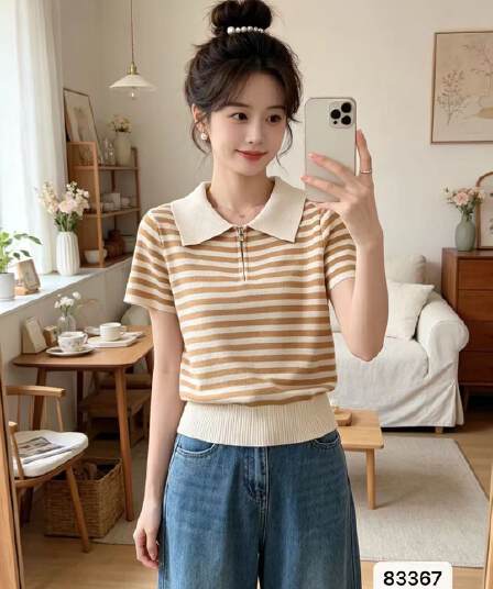 정가 패션 폴로 칼라 하프 지퍼 배색 스트라이프 백리스 홀로우 아웃 풀오버 반팔