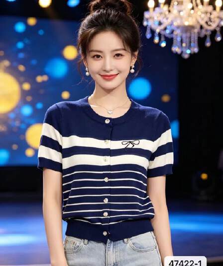 정가 한 부서 라운드 넥 배색 스트라이프 니트 자수 반팔 오픈 가디건