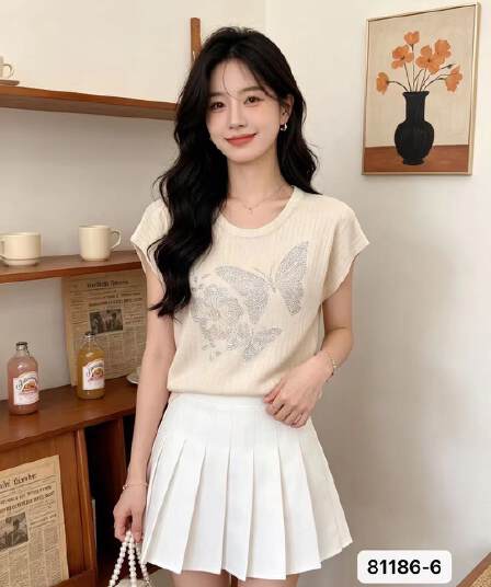 정가 패션 라운드 넥 나비 핫픽스 구덩이 기사 작은 날다 소매 풀오버 맨위
