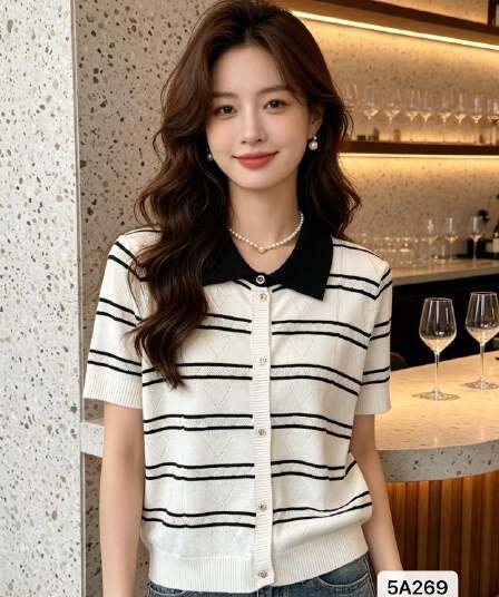 정가 패션 폴로 칼라 패치워크 색상 하트 홀로우 아웃 스트라이프 금속 버클 반팔 오픈 가디건