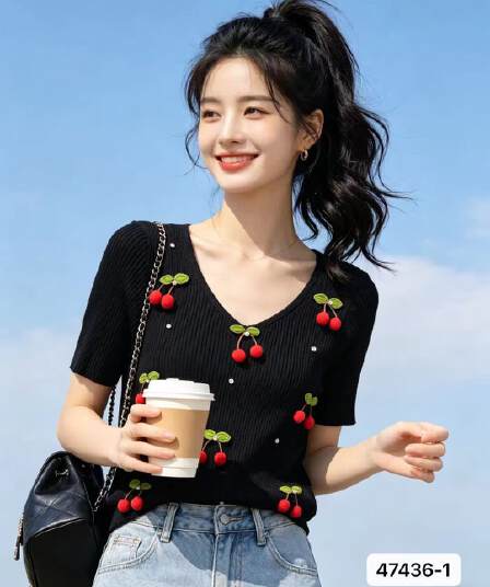 정가 분위기 센스 V넥 3 차원 체리 비즈 박기 니트 풀오버 반팔