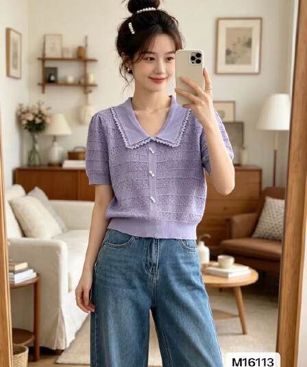 정가 한 부서 고유 한 폴로 칼라 레이스 비즈 박기 홀로우 아웃 니트 다용도 풀오버 반팔
