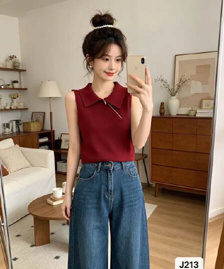 정가 패션 POLO 칼라 비스듬한 지퍼 디자인 니트 풀오버 조끼