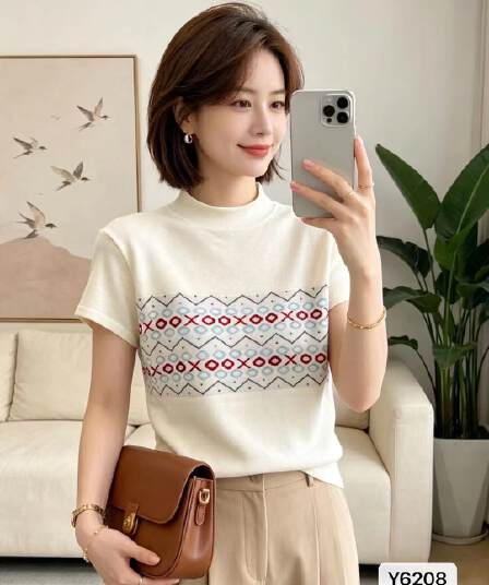 정가 한 부서 라운드 넥 공정한 섬 기하학 자카드 니트 풀오버 반팔
