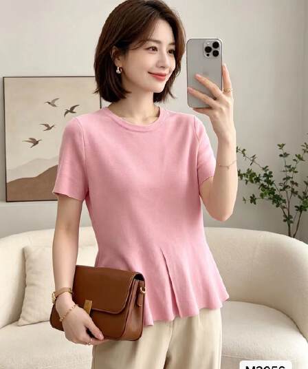 정가 패션 절묘한 라운드 넥 밑단 프릴 다용도 풀오버 반팔