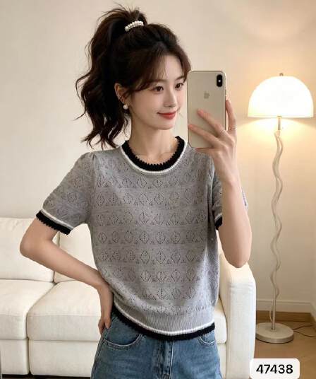 정가 패션 라운드 넥 다이아몬드 모양 홀로우 아웃 니트 배색 측면 풀오버 반팔