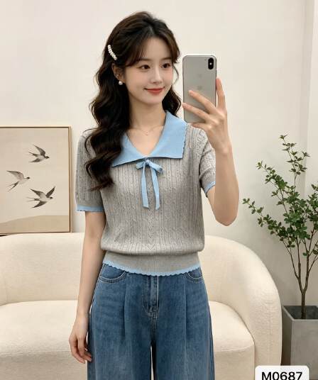 정가 프랑스식 달콤함 POLO 칼라 나비 매듭 꽈배기 니트 풀오버 반팔