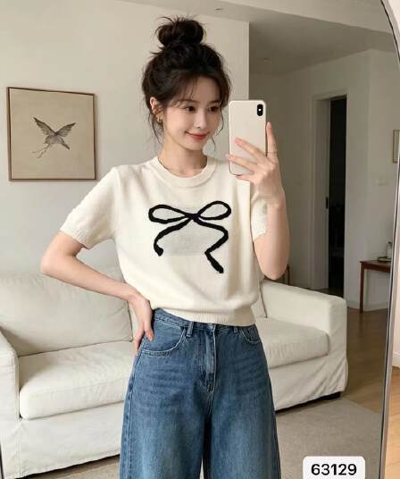 정가 패션 라운드 넥 나비 매듭 자카드 니트 풀오버 반팔