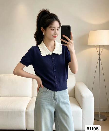 정가 달콤함 연령 감소 폴로 칼라 패치워크 색상 홀로우 아웃 니트 반팔 오픈 가디건