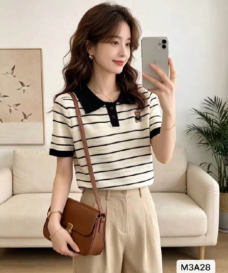 정가 학원 스타일 폴로 칼라 하프 열린 가슴 작은 곰 자수 홀로우 아웃 니트 풀오버 반팔
