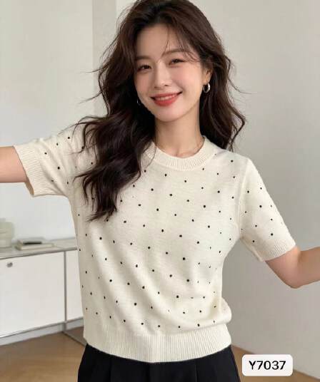 정가 패션 라운드 넥 도트 무늬 프린트 마이크로 ~을 통해 니트 풀오버 반팔