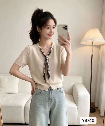정가 외국 가스 캐주얼 V넥 스카프 장식 니트 반팔 오픈 가디건