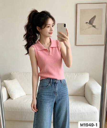 정가 폴로 칼라 민소매 고급 센스 작은 대중 달콤한 매운맛 V넥 니트 조끼