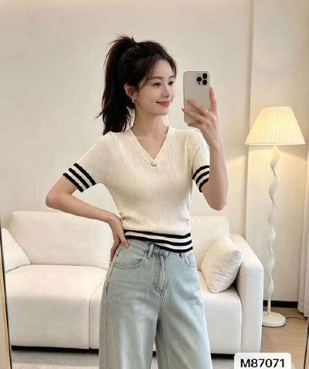 정가 레트로 chic 외국 가스 V넥 반팔 니트 스웨터