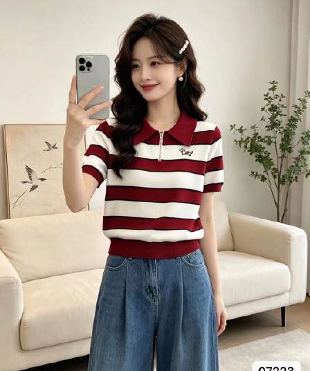 정가 연령 감소 학원 스타일 폴로 칼라 지퍼 하프 열린 가슴 강아지 자수 스트라이프 풀오버 반팔